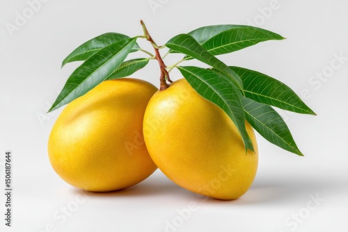 Two ripe mangoes hang on a branch with green leaves set against a plain background