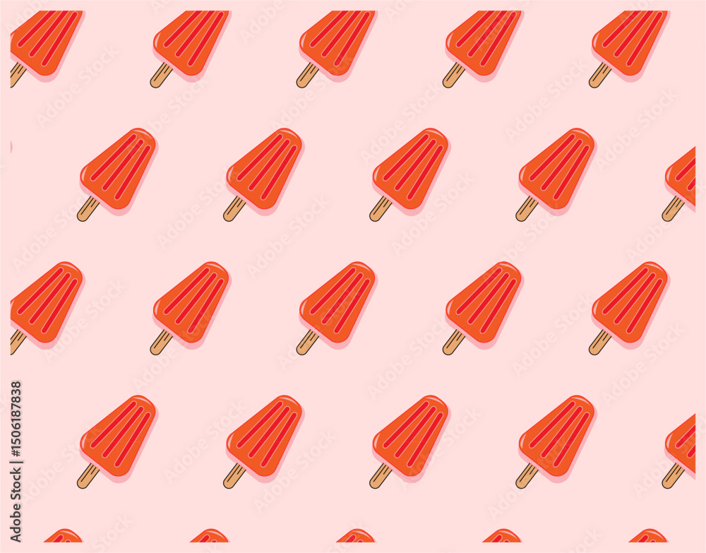 Diseño en patrón repetitivo de paletas heladas de fresa en un fondo color rosa.