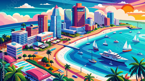 Stunning aerial footage captures the vibrant Miami South Beach with its iconic shoreline, turquoise waters, and lively atmosphere, seamlessly blending into the bustling Miami harbor, filled with cruis