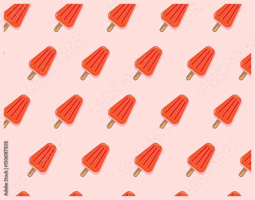 Diseño en patrón repetitivo de paletas heladas de fresa en un fondo color rosa.