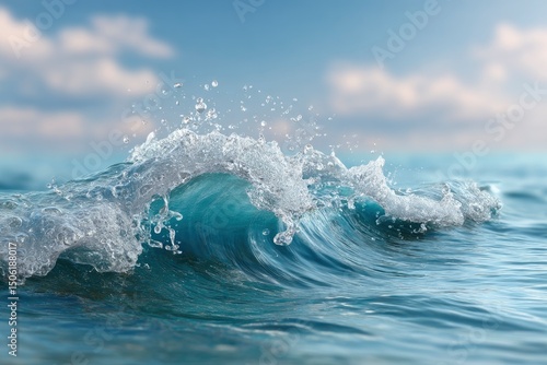 Wave crests spraying droplets in sunlight against blurred sky