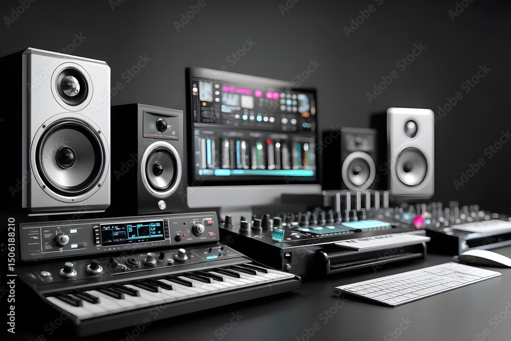 Obraz premium A modern music production setup featuring various audio equipment, including speakers, a synthesizer, and a computer screen displaying sound editing software. Ideal for musicians.