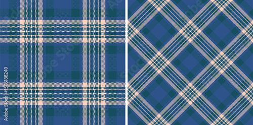 Elegant duo of seamless plaid patterns in muted teal, blue, and beige.  Perfect for textile design, fashion, home décor, or website backgrounds.