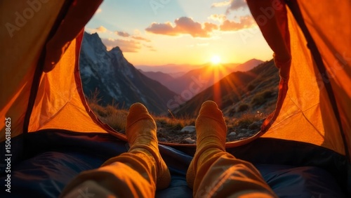 View from an open backpacking tent at the sunset in the mountains. The feet dressed in yellow socks are seen in the tent.