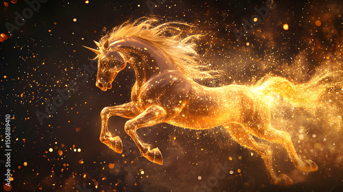 Golden mystical unicorn galloping through a starlit galaxy with magical energy