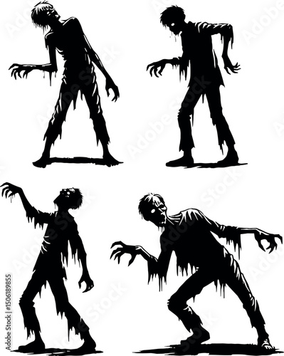 Zombie Silhouettes: A chilling collection of menacing zombie silhouettes, captured in a dramatic and haunting illustration, depicting the undead in various poses.