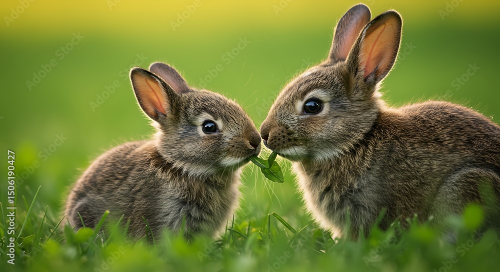 Fototapeta premium Adorable Baby Bunnies Sharing a Leaf A Touching Moment in Nature