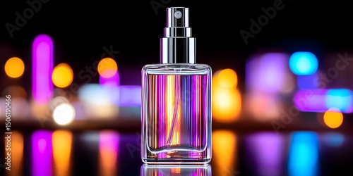 A close-up of a colorful perfume bottle against a blurred background of vibrant lights. The elegant design and reflections showcase the essence of fragrance and creativity.