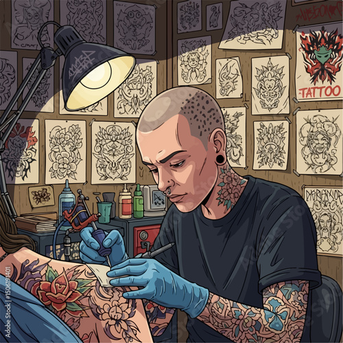 Tattoo Artist Working in Punk-Inspired Studio – Bold Alternative Vector