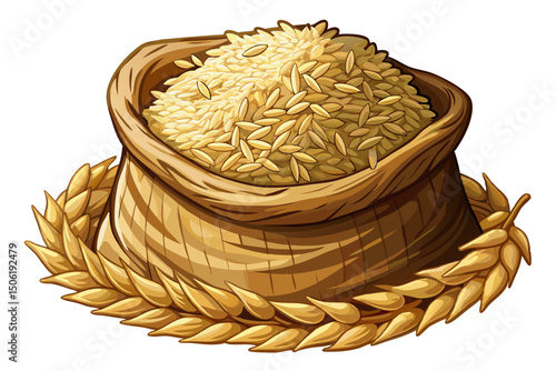 A close-up of ripe rice grains in sack on white isolated background, vector illustration 
