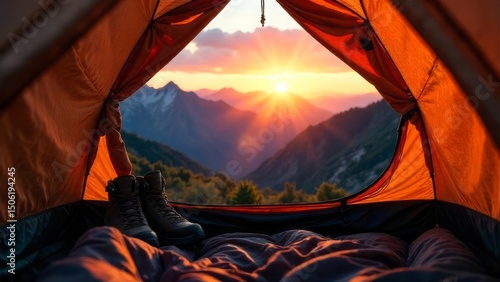 View from open backpacking orange tent at the sunset in the mountains. Pair of tracking boots stands inside, near the entrance.
