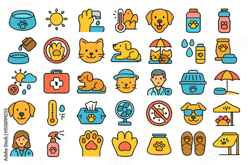 Collection of pet care icons featuring various animals, health tools, and activities for pet owners