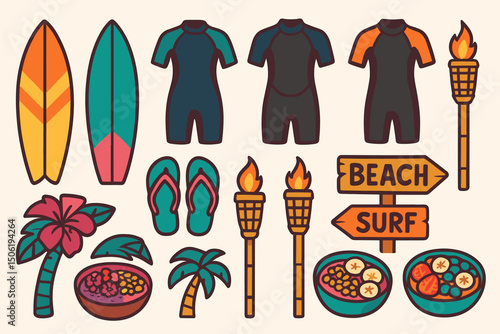 Colorful surf gear and beach items ideal for summer fun and water sports activities