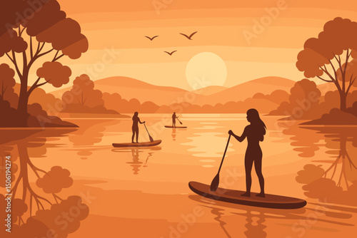 Paddleboarding at sunset on a tranquil lake surrounded by nature