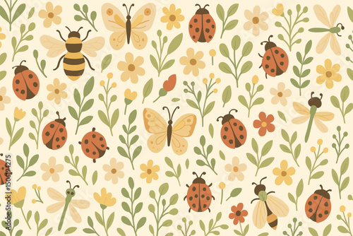 Colorful insects and flowers pattern showcasing bees, butterflies, and ladybugs in a cheerful design