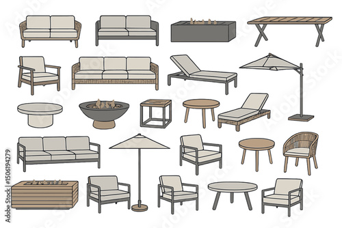 Various outdoor furniture designs displayed in a modern arrangement for stylish patio and garden settings