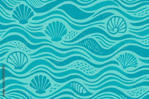 Ocean waves with seashell patterns in vibrant turquoise color create a serene coastal atmosphere