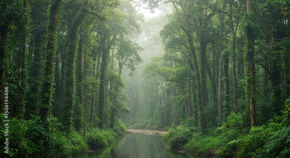 Obraz premium Tropical forest in the morning with fog. Deep in the rainforest. Southeast Asian rainforest with dense jungle. Beautiful forest in the morning. River in deep rainforest.