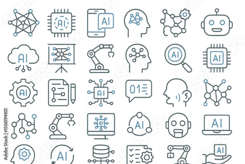 Various icons representing artificial intelligence concepts and applications in a tech-inspired design