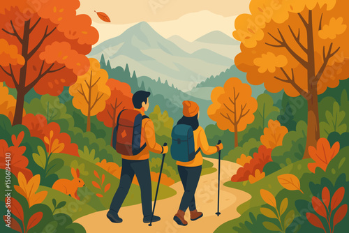 Hikers enjoying autumn colors on a scenic trail in the mountains during the afternoon