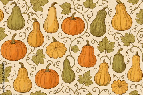 Decorative pattern featuring various pumpkins and gourds with vines on a light background
