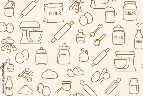 Baking ingredients and tools outline design on a light background for culinary enthusiasts and baking lovers