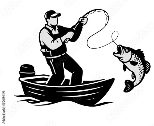 Black and white illustration of a man fishing from a small boat, with a fish biting the hook