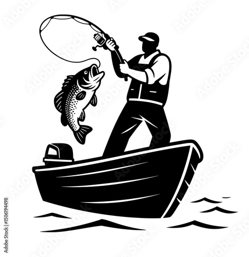 Artistic fishing scene in black and white, featuring a man in a boat and a fish biting the hook.