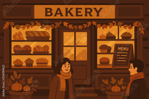 Warm evening at a cozy bakery with customers enjoying treats in an autumn atmosphere
