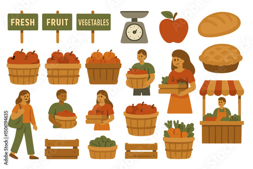 Fresh produce market with visitors carrying fruits and vegetables in a vibrant, lively setting