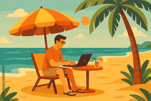 Working remotely on a beach with an ocean view and a refreshing drink during sunset
