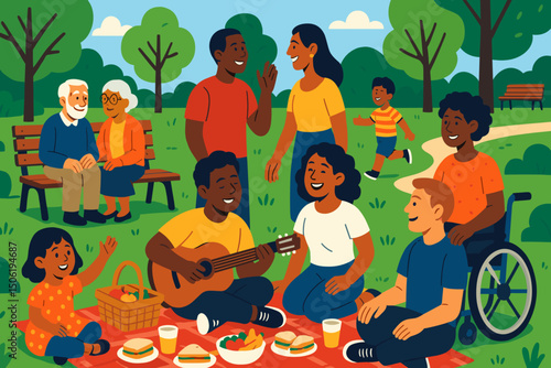 Outdoor picnic gathering in a park with diverse people enjoying food and music on a sunny day