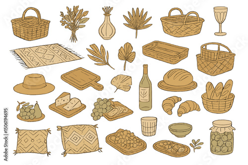 Collection of rustic kitchen and dining items with natural elements displayed on a textured surface