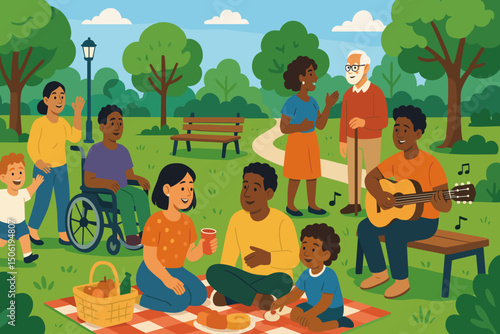 Community picnic in a sunny park with families enjoying music, food, and friendship