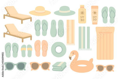 Summer beach essentials featuring loungers, sun hats, sunscreen, flip flops, towels, and inflatable floatie in a colorful arrangement