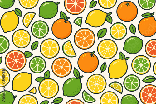 Bright citrus fruits arranged in a colorful pattern showcasing oranges, lemons, limes, and grapefruits on a light background