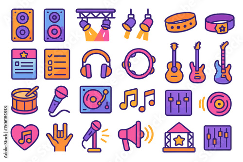 Colorful music and performance icons featuring instruments, sound equipment, and accessories in a vibrant design