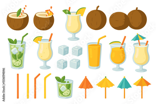 Colorful collection of tropical drinks and garnishes ideal for summer gatherings and beach parties