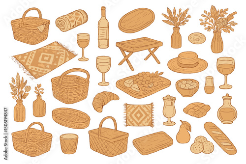 Illustration of picnic elements including baskets, food items, and drinks in a warm, rustic style