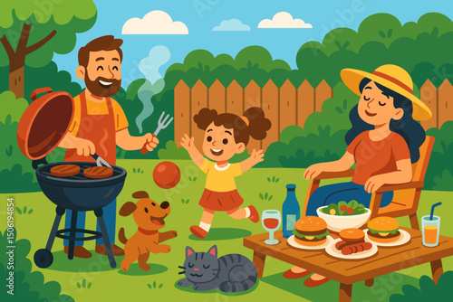 Family barbecue in a sunny backyard with laughter, pets, and delicious food