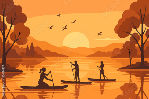 Evening paddleboarding on a serene lake with stunning sunset and silhouettes of paddlers