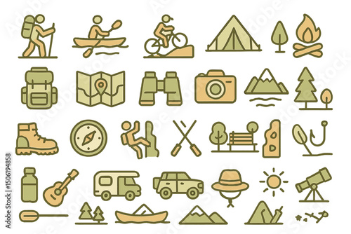Outdoor adventure icons representing various activities like hiking, camping, and kayaking across diverse natural settings
