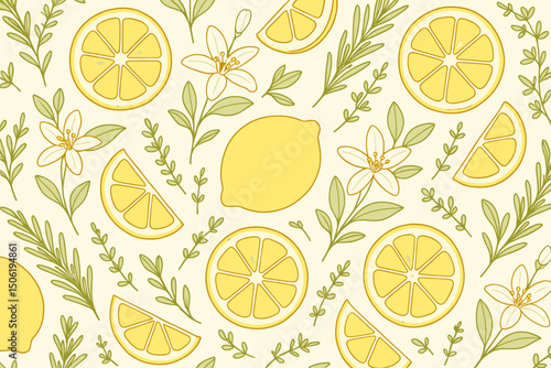 Bright yellow lemon pattern with slices and flowers on a pale background showcasing a fresh, vibrant design