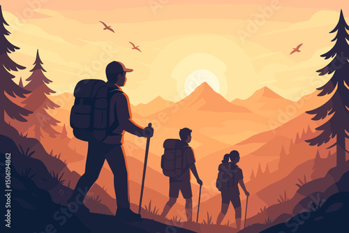 Hikers enjoying sunset views in mountainous terrain while exploring nature trails
