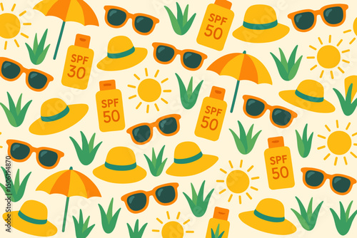 Summer essentials pattern featuring sun hats, sunscreen, sunglasses, umbrellas, and bright sun on a light background