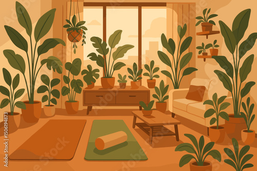 Cozy indoor space with plants and yoga essentials in warm afternoon light