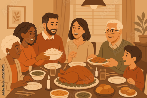Family gathers for a festive dinner celebrating togetherness and gratitude in a cozy home setting with delicious food