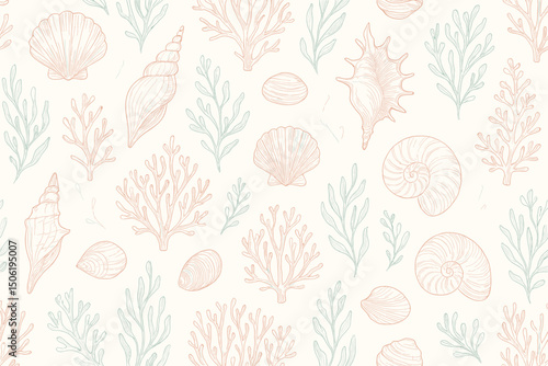 Decorative wallpaper design featuring intricate seashells and seaweed in soft pastel colors