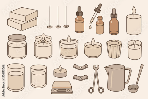 Assorted candle-making supplies displayed on a light background with various containers and tools for creating candles