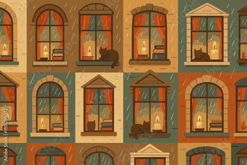 Cozy, rainy evening with windows, warm light, and cats lounging in various settings